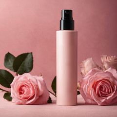 Pink Bottle with Fresh Roses on a Soft Pink Background

