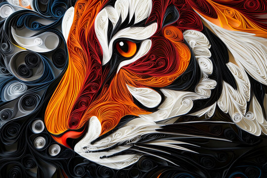 Close-up of a beautifully crafted paper quilled tiger face, with intricate swirling patterns in orange, black, and white, showcasing the artistic beauty of the tiger's features.