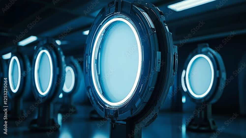 Aufkleber futuristic circular portals illuminated in a dimly lit environment showcasing sci-fi technology and 
