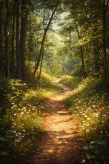 Fototapeta premium Scenic pathway through a lush forest at golden hour