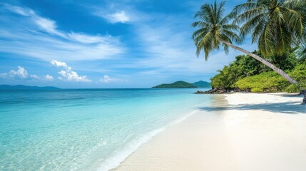 Fototapeta premium A white sandy beach with palm trees, clear blue sky, and turquoise sea