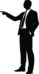Fototapeta premium Minimalist black and white silhouette of a standing man in formal business attire pointing, conveying a confident leadership pose, with sharp contrast, sleek outline