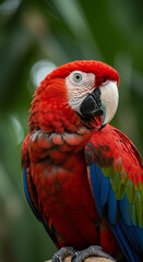 Fototapeta premium Scarlet Macaw Majesty: A Vibrant Portrait of a Tropical Parrot in Lush Greenery - Captivating Bird Photography