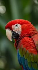 Obraz premium Scarlet Macaw Close-Up: Vibrant Plumage & Captivating Gaze | Parrot Portrait, Wildlife Photography, Tropical Birds