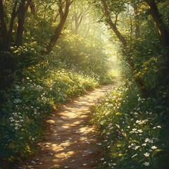 Obraz premium Serene forest path illuminated by soft sunlight