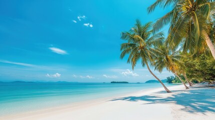 Fototapeta premium A white sandy beach with palm trees, clear blue sky, and turquoise sea