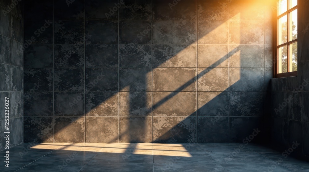Poster sunlit interior room with dark tiled walls and floor, featuring a window with natural light streamin