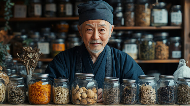 Traditional Japanese Kampo Medicine Shop with Wooden Shelves and Practitioner in Traditional Clothing
