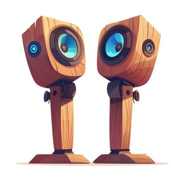 Pair of Wooden Cube Speakers with Blue Woofers Retro Audio System Illustration