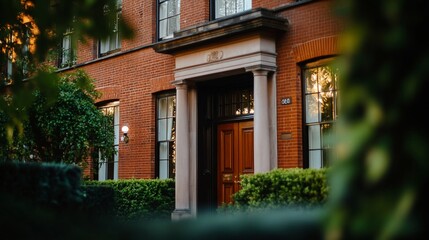 Classic brick facade with elegant entryway and lush greenery detail