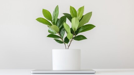 Small potted plant on a laptop, clean, minimalist