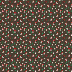 Mushrooms and Daisy Flower with Green Plants Seamless Pattern, Original Hand-Drawn Watercolor Pattern