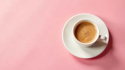 Fototapeta premium Aromatic Espresso in a White Cup on a Pink Background, Perfect for a Refreshing Morning