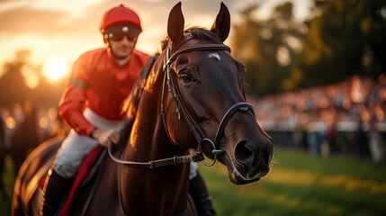 Obraz premium A focused jockey readies for a horse race amidst a vibrant sunset backdrop
