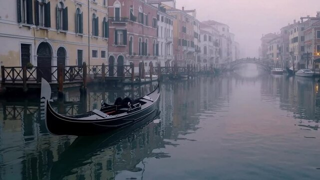 Empty gondola gliding through misty morning canals, soft pastel colors with fog diffusion, ethereal romantic atmosphere.
