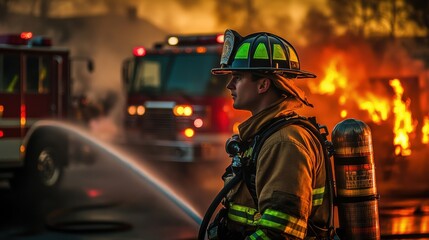 A firefighter in full gear extinguishing a blaze with hoses and fire trucks in the background, Emergency response scene, Heroic action style