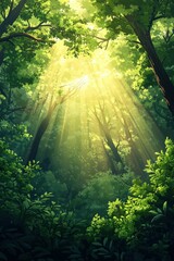 Obraz premium Sunlight filters through lush green forest foliage