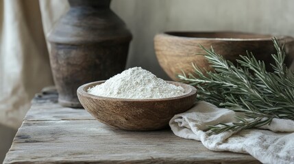 A rustic setting featuring a bowl of flour, wooden bowls, and a sprig of rosemary.