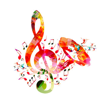 Colorful G-clef with gramophone horn isolated vector illustration design. Music background. Retro phonograph horn with music notes, music festival poster, concert events, party flyer	