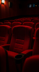Red Velvet Seats: An Empty Movie Theater Awaits! Cinema, Showtimes, Film, Auditorium Experience, Dark & Cozy. Get Tickets Now!