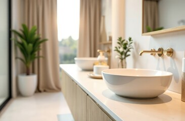 Fototapeta premium blurred inside of interior luxury modern bathroom in the morning background with white wood tabletop for show, promote ads and design product on display concept