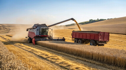 Obraz premium A combine harvester efficiently transfers freshly harvested grain into a tractor trailer amidst the golden expanse of a wheat field, showcasing modern agricultural practices