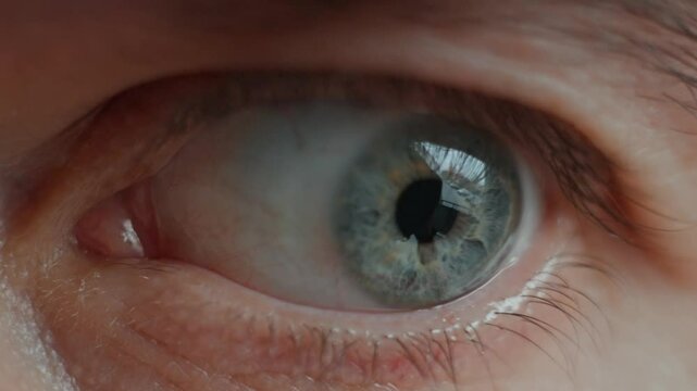 Close-up of human eye rotating in different directions. Macro shot of male eyeball with blue iris, eyelashes and skin texture around eye.