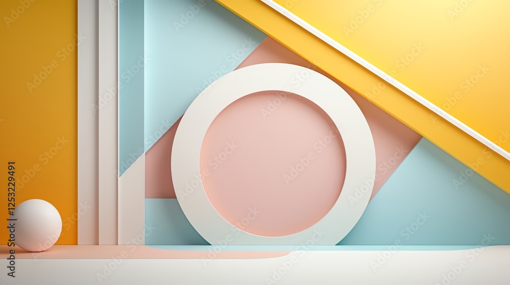 Poster abstract geometric composition with pastel colors in 3d rendering, featuring spheres and circles.