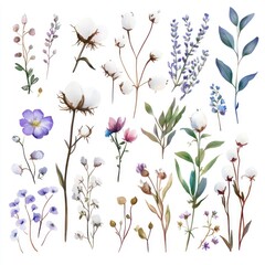 Watercolor floral collection cotton, lavender, wildflowers. Design elements for invitations, cards