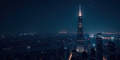 Obraz premium Nighttime cityscape panorama featuring a prominent skyscraper illuminated against a dark, starlit sky