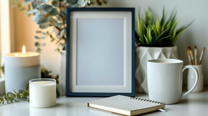 Cozy workspace with blank picture frame, candles, and coffee cup