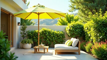 Fototapeta premium Serene Patio Oasis Wooden Daybed, Lush Greenery, and a Sunny Yellow Umbrella Offer a Relaxing Outdoor Retreat