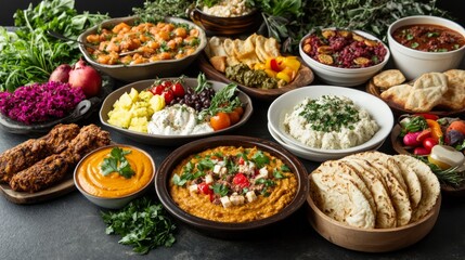 Organic holiday feast table filled with vibrant plant-based dishes. Generative AI