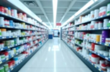 abstract blurred corridor of drug store pharmacy product background concept