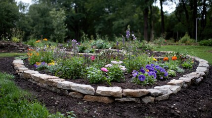 Colorful flower garden in a circular stone bed