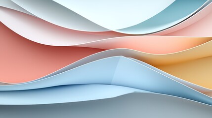 Abstract pastel paper waves creating layered texture in soft orange, pink, and blue hues.