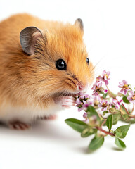 A close-up of a cute hamster enjoying a flower, showcasing its playful and curious nature amid a bright, fresh background.
