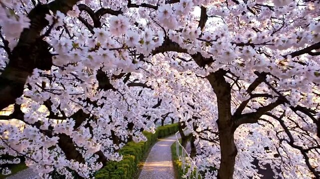 Cherry blossom tunnel with garden path, flying through a pathway engulfed in cherry blossoms.
