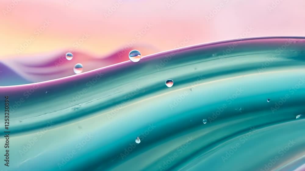 Poster water droplets on a colorful surface create a mesmerizing pattern at sunset