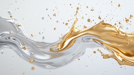 Abstract silver and gold liquid splash on white background, representing luxury and elegance.