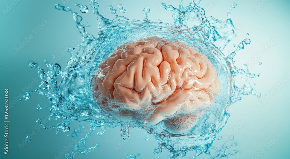 Poster a peach-colored brain is captured mid-splash in blue liquid, creating an engaging visual effect agai