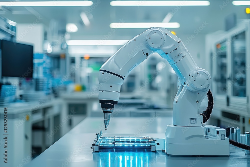 Poster a robotic arm operates in a modern laboratory, showcasing technology and precision in a clean, illum