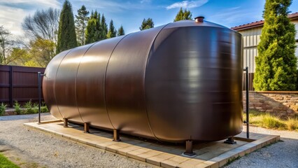 A large cylindrical tank filled with a dark brown or black liquid substance used for heating homes, often placed outdoors in yards or near buildings, household comfort, warming system