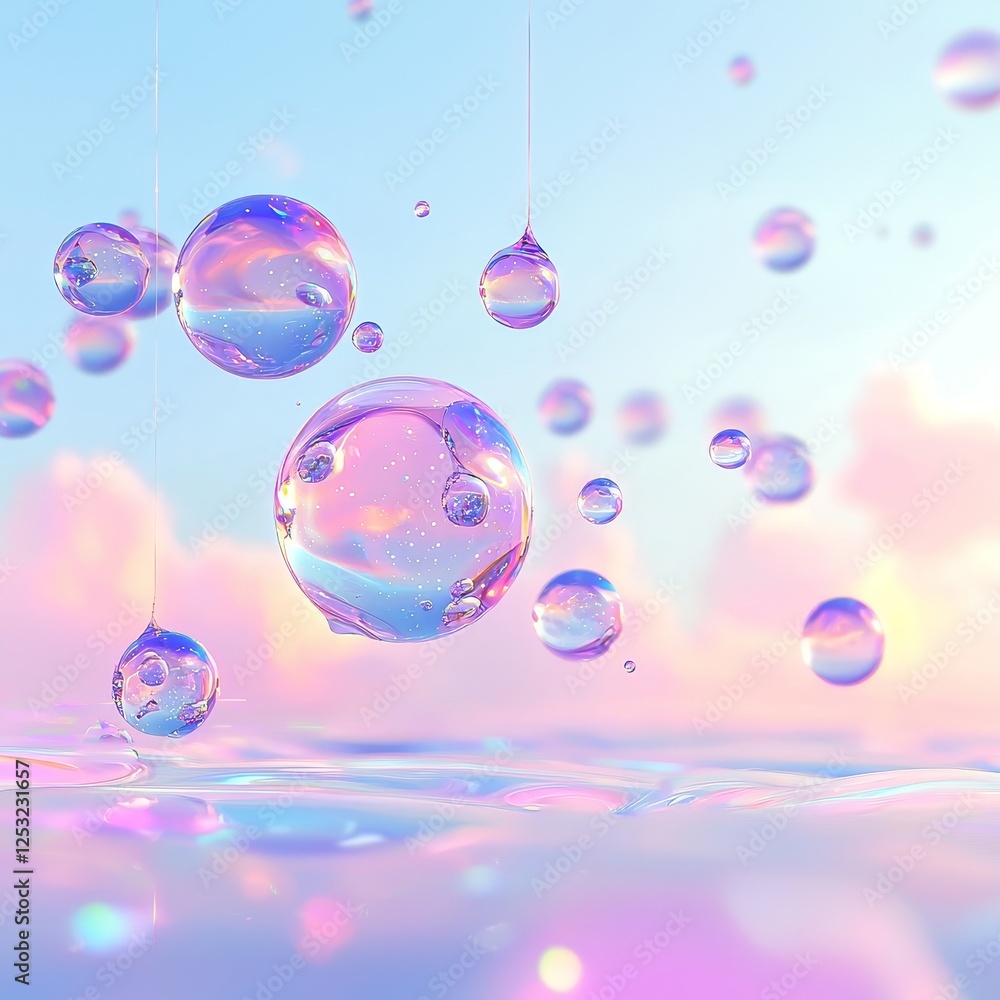 Poster a portrayal of glowing, dynamically moving metallic bubbles in holographic shades. includes a liquid