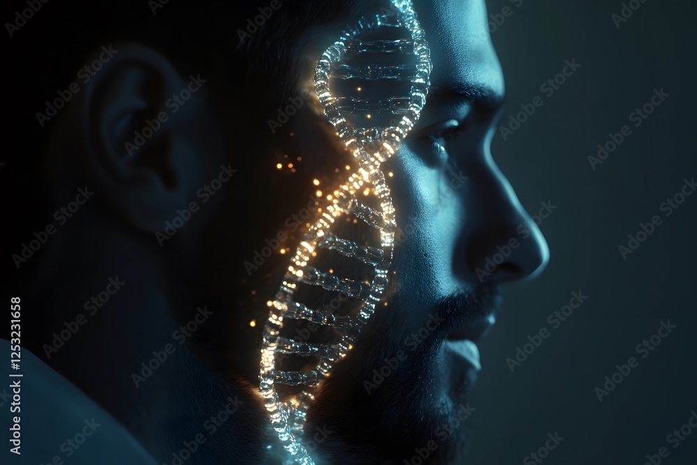 Aufkleber Man's Profile with Glowing DNA Helix Design on Face for Science Concept