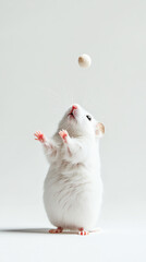 A playful white hamster caught in the moment of reaching for a floating treat in a bright, minimalist setting.