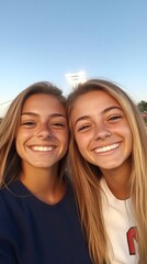 Obraz premium Two young women smiling together at a sporting event during a clear evening