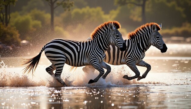 Zebras Galloping Through Shallow Water with Dramatic Sunset Lighting