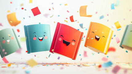 A group of colorful, smiling faces are flying through the air