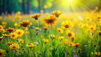 Fototapeta premium Vibrant wildflowers sway gently in the breeze amidst a tapestry of emerald green grass and vibrant yellow petals on a warm sunny spring day in a lush meadow, outdoors, flowers